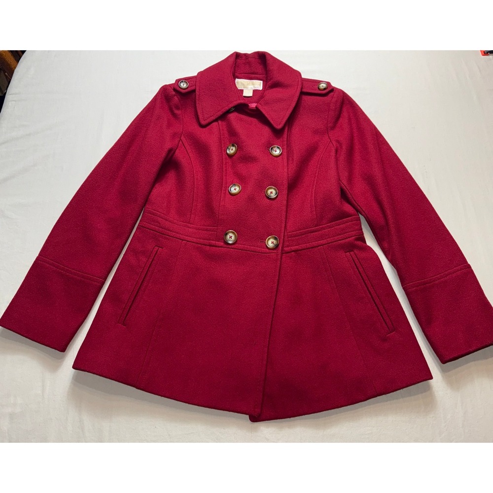 Michael‎ Kors Red Wool Blend Double Breasted Pea Coat Womens Medium Epaulettes